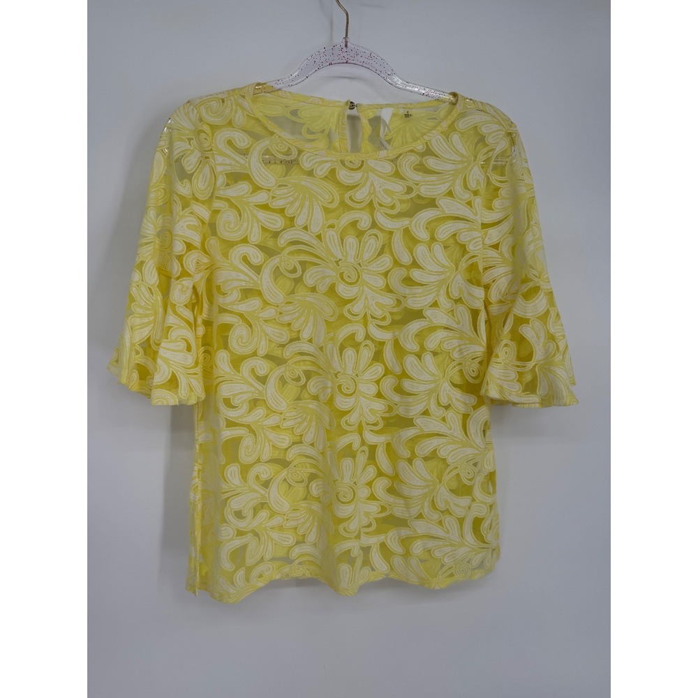 NY Collection Yellow Floral Lace‎ Bell Sleeve Blouse Womens Sz S